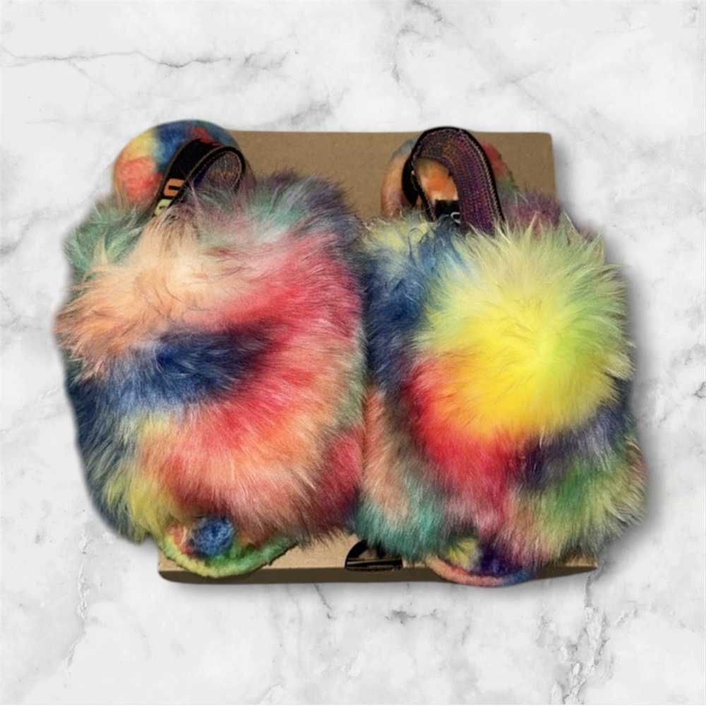 UGG plush “fluff yeah” pride rainbow slides 
(US 5)
